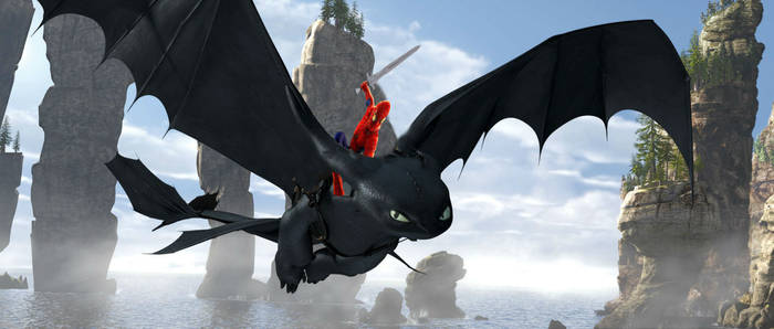 Spiderman rides toothless holding a sword