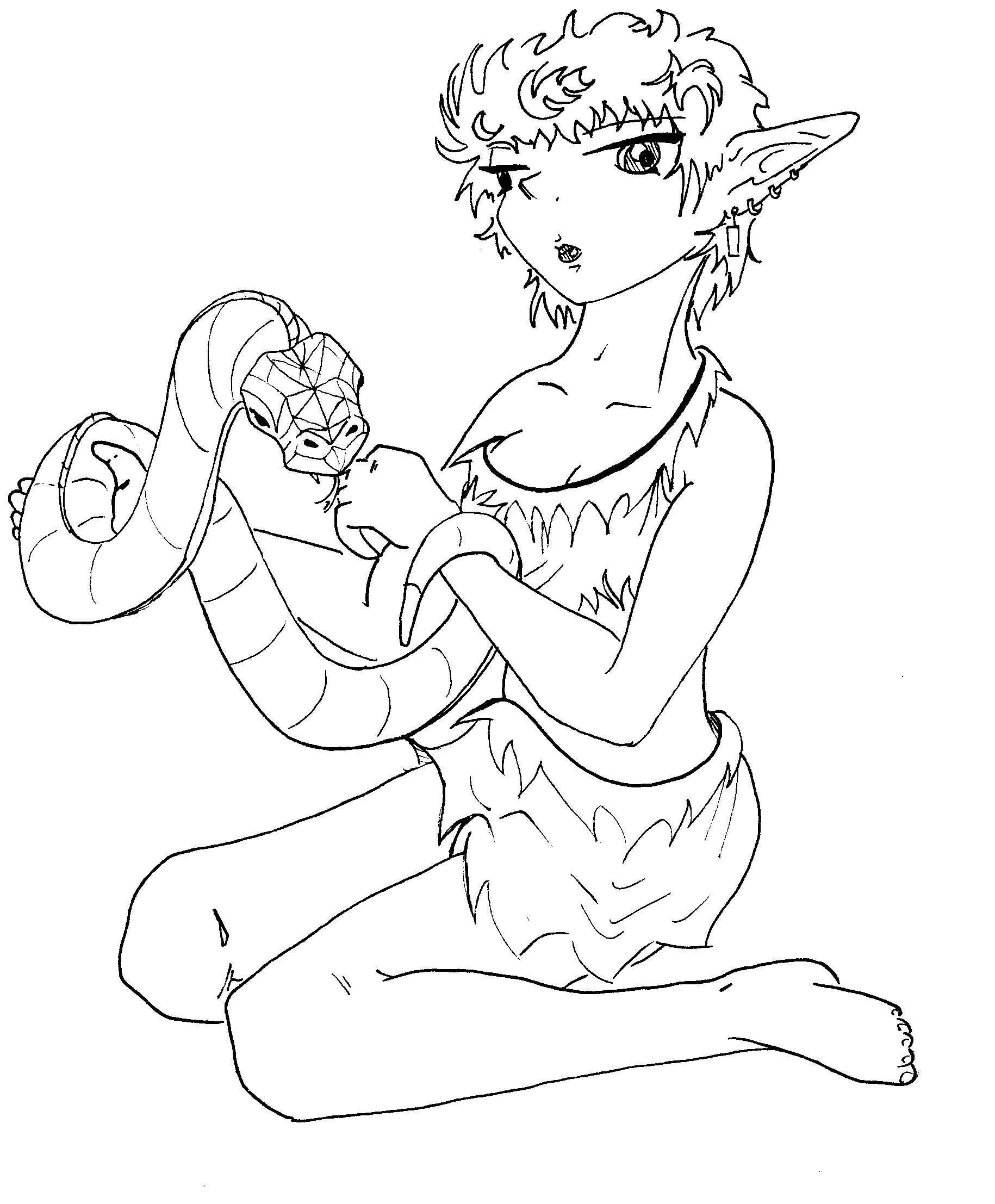 Elf girl with snake uncolored