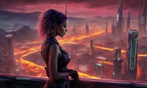 Young Woman overlooking a futuristic town