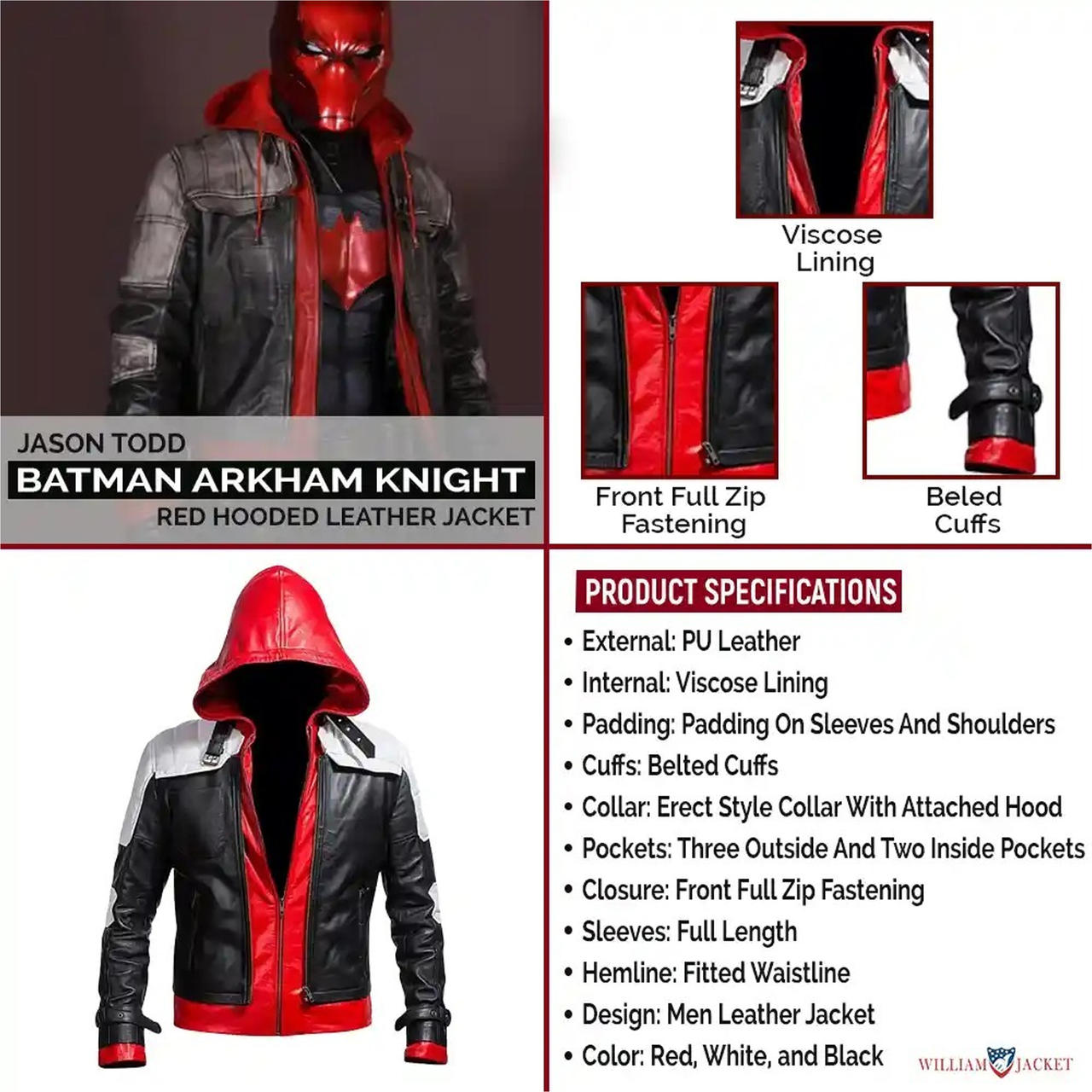 Buy Mens Arkham Knight Red Hood Leather Jacket