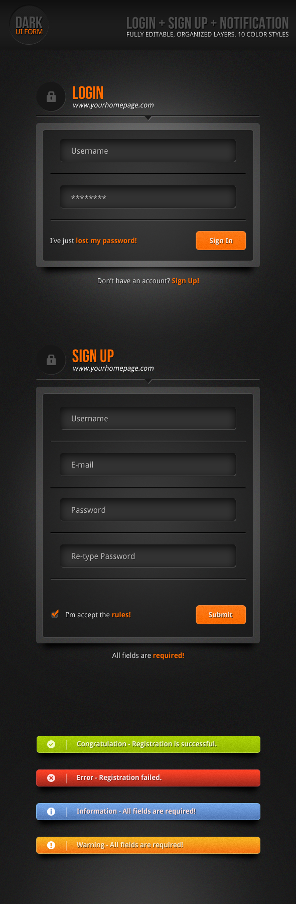 Dark UI Login Form + Notifications