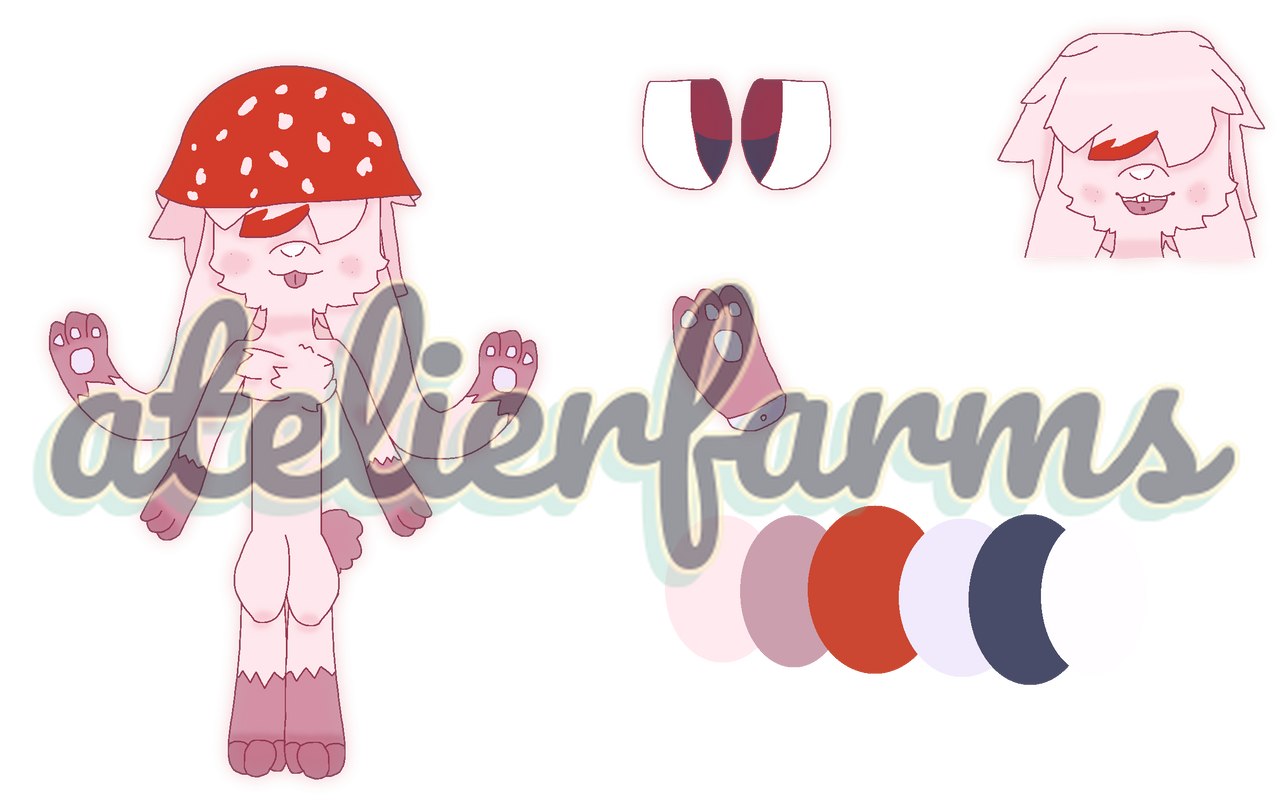 It a ref sheet of a pale pink rabbit with dull pink fur, Pale pink hair with a red tip, dull blue eyes, Pale blue paw pads, the rabbit's ears are also paws, and a dull pink tail, the rabbit's wears a red and white mushroom cap.