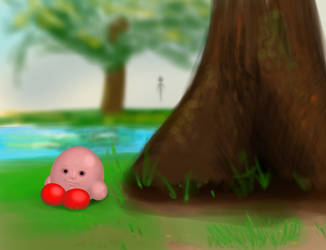 Kirb sits near a tree