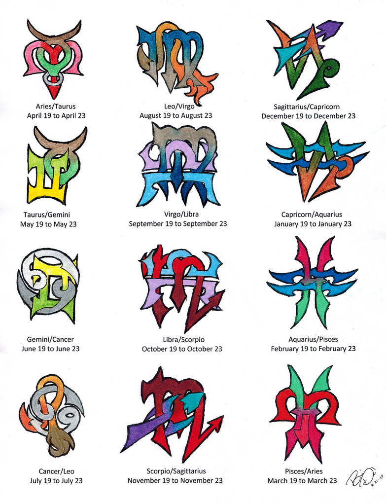 Zodiac Cusps Tattoo Designs, Colored by Wolfrunner6996 on DeviantArt