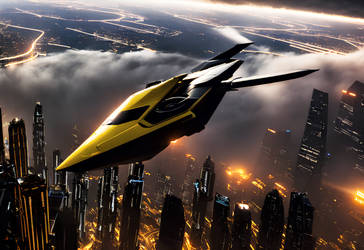 Flying car over cyberpunk city