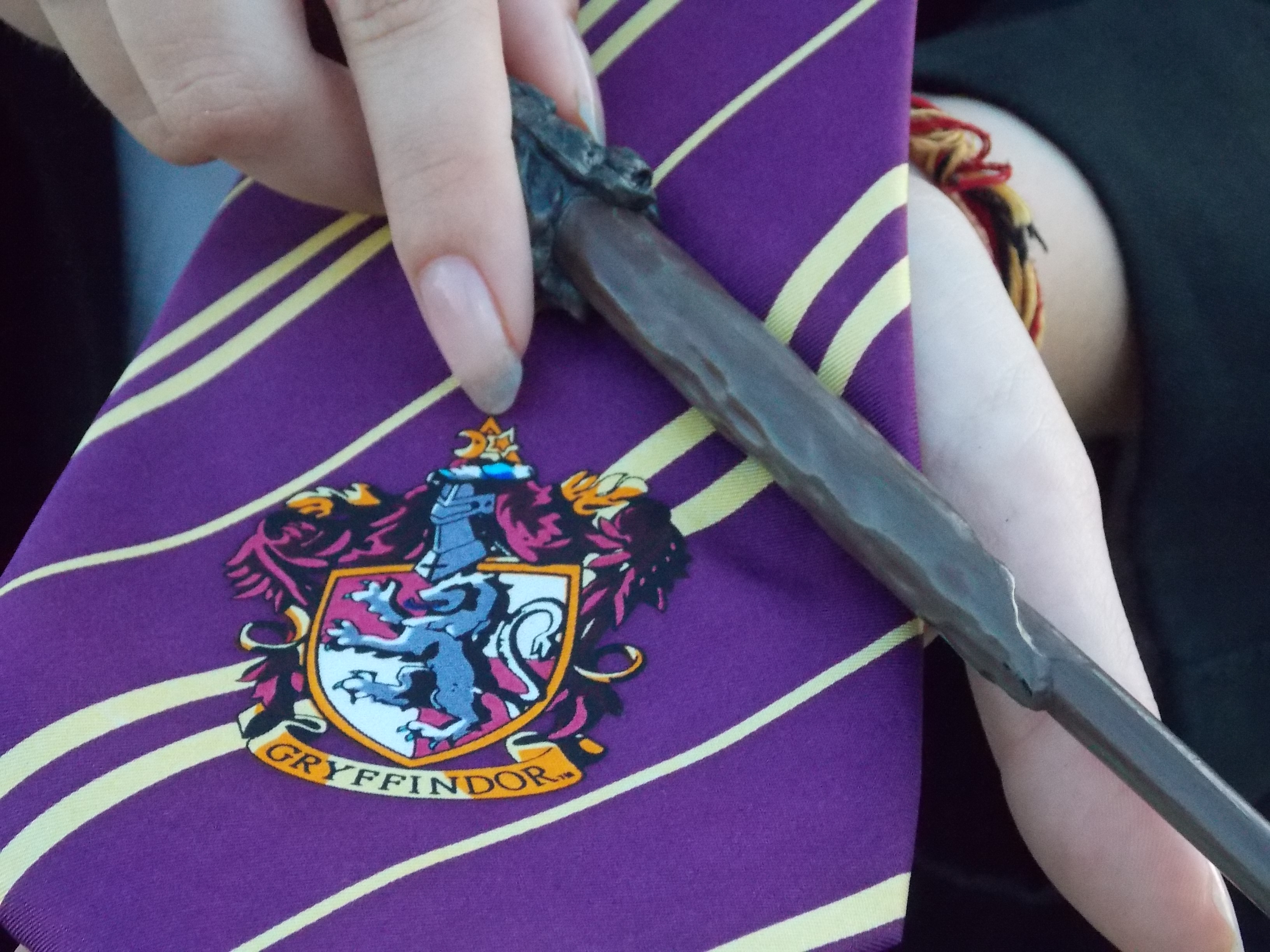 Gryffindor tie and wand