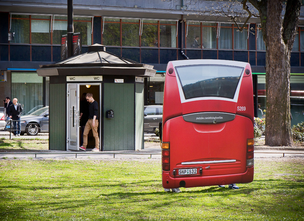 The butt of the bus went to the loo