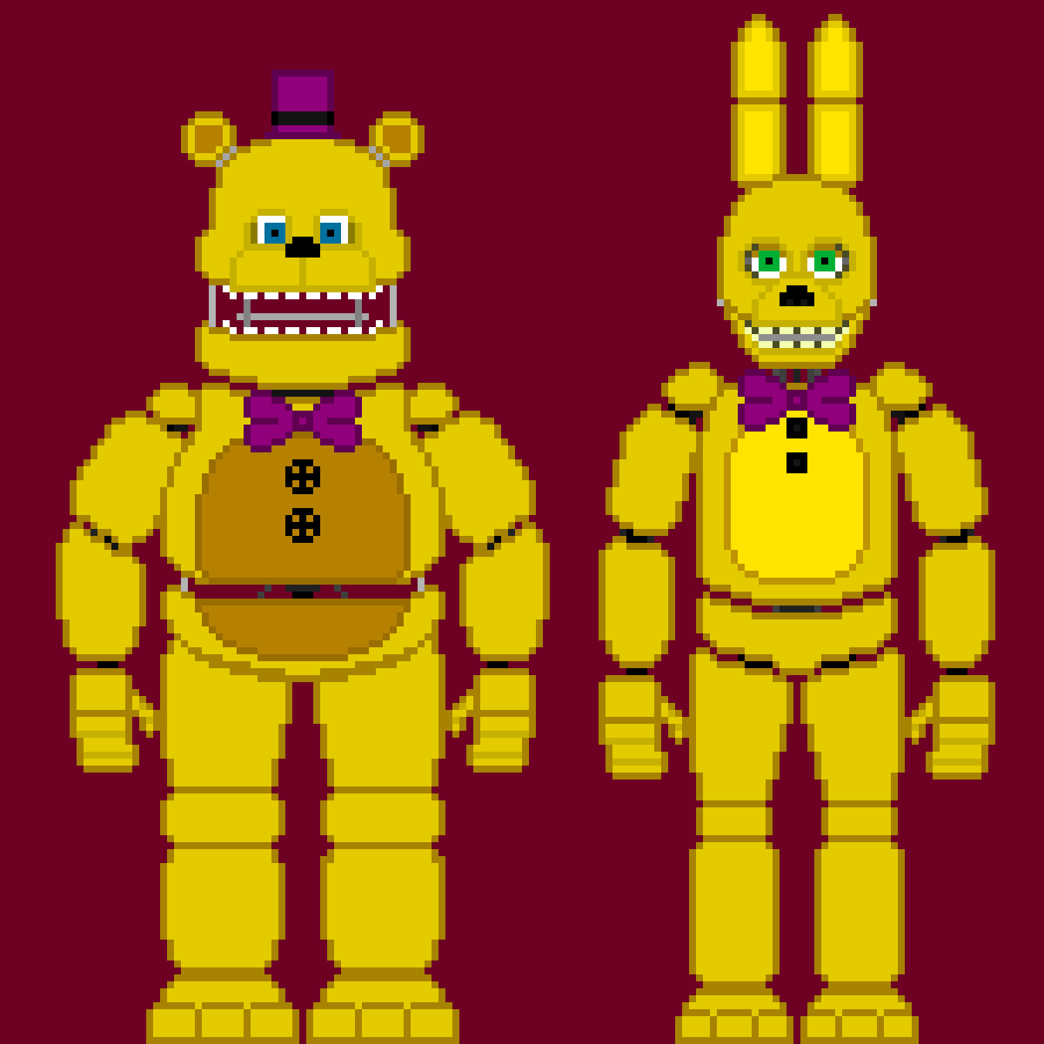 Fredbear and springbonnie crewmates pixel art