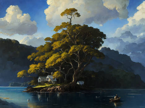 Island with old oaks