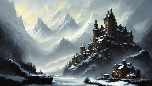 Massive castle on snowy landscape