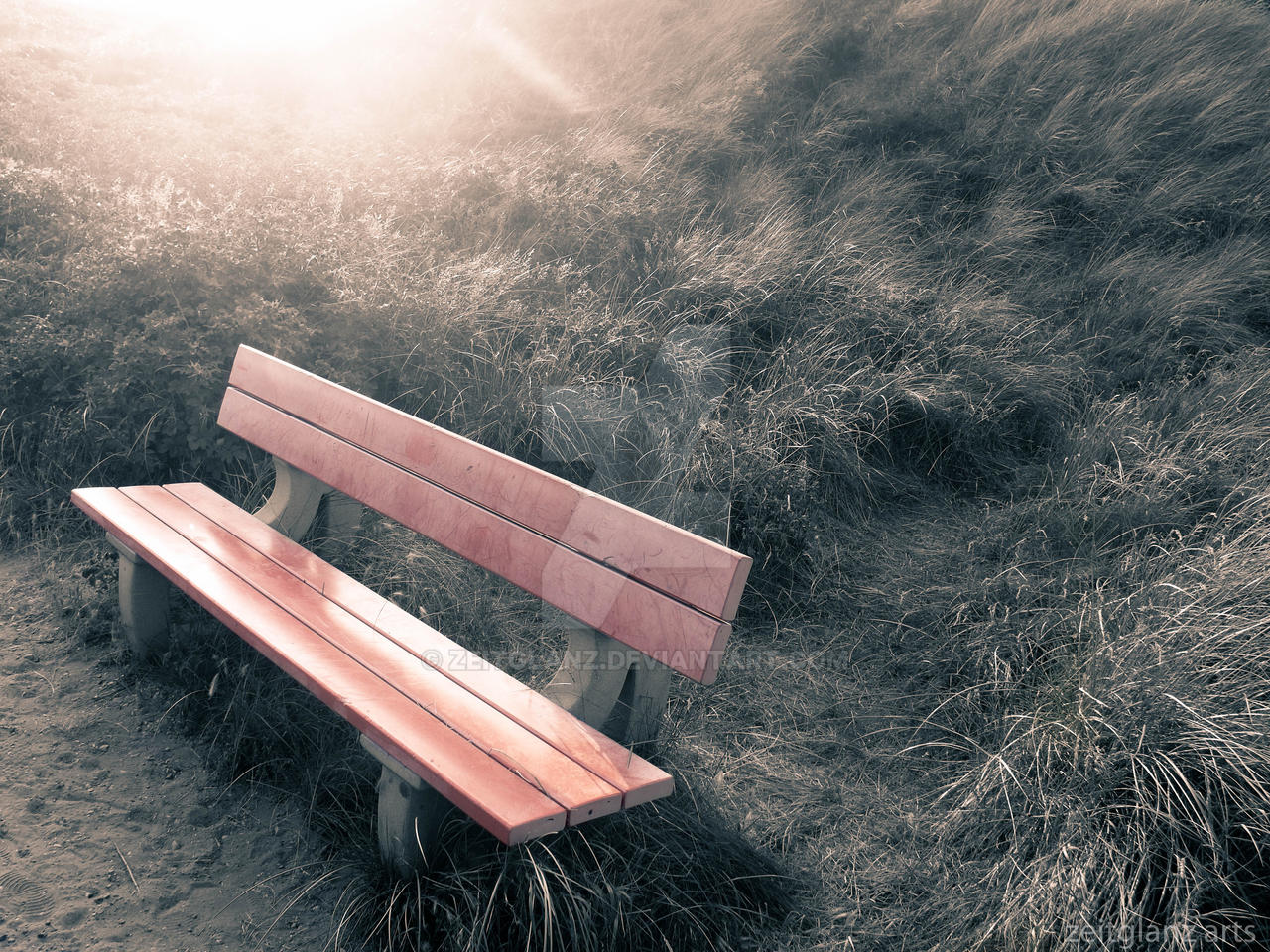 red park bench in sepia enviroment (first try)