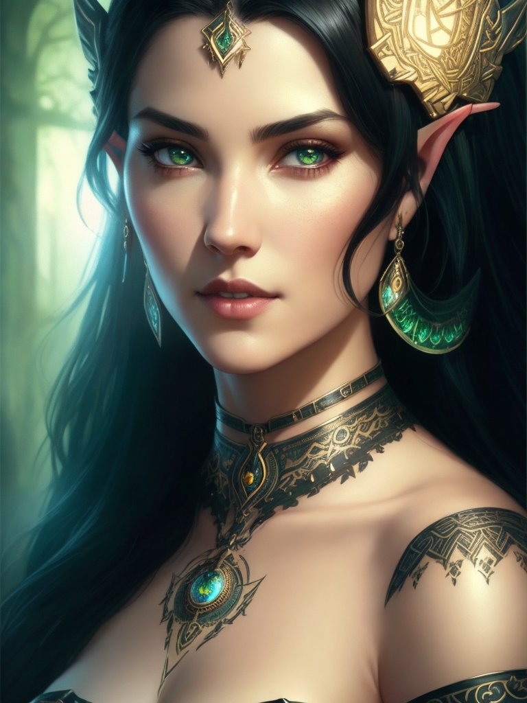 worn-walrus279: Half-elf female with long black hair liquid golden eyes  with a dark barmaid outfit