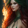 Fire Element Beautiful Woman green hair d 1
