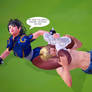 Chun-Li chokes out Leo with her powerful legs.