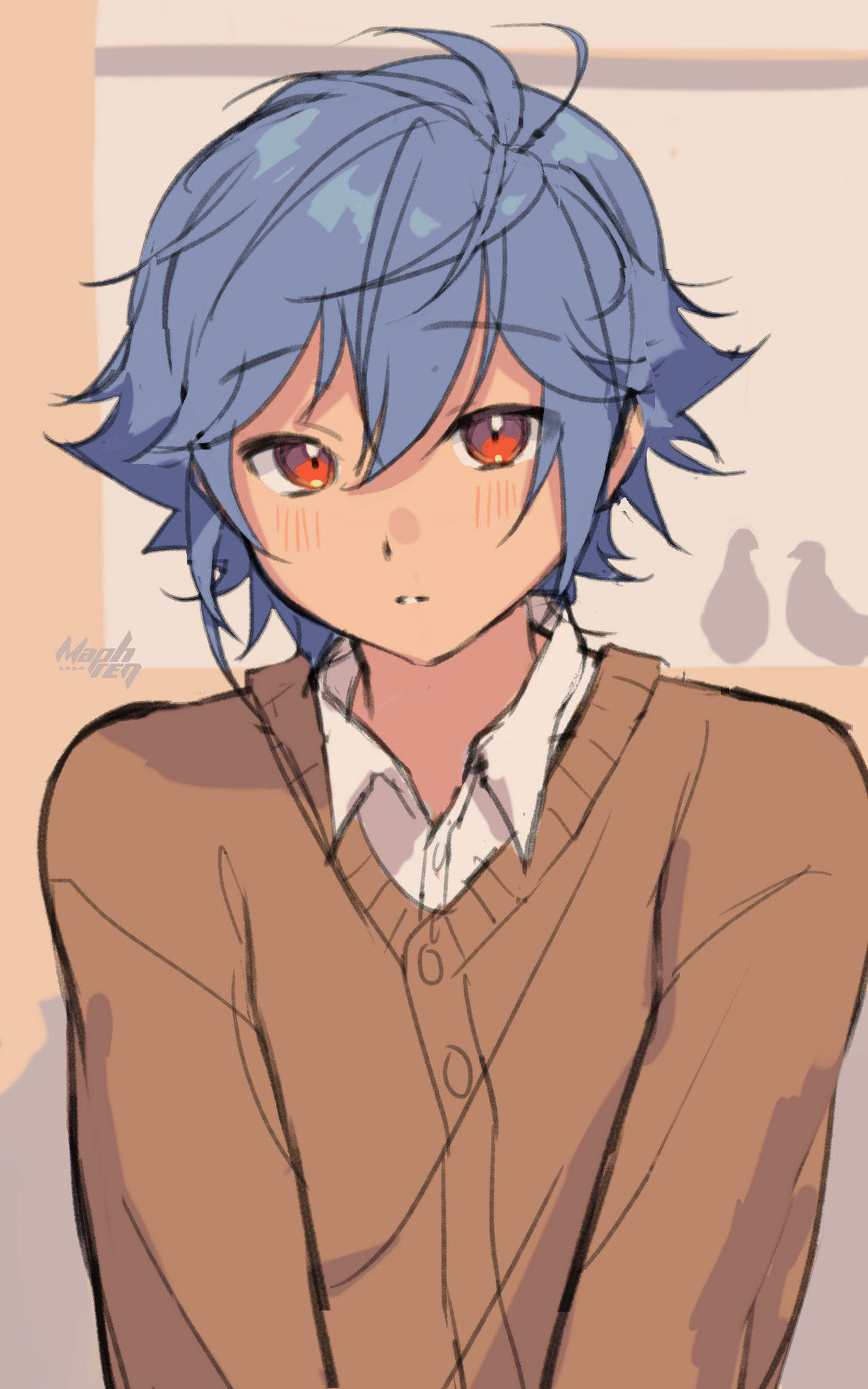 anime boy with blue hair and red eyes