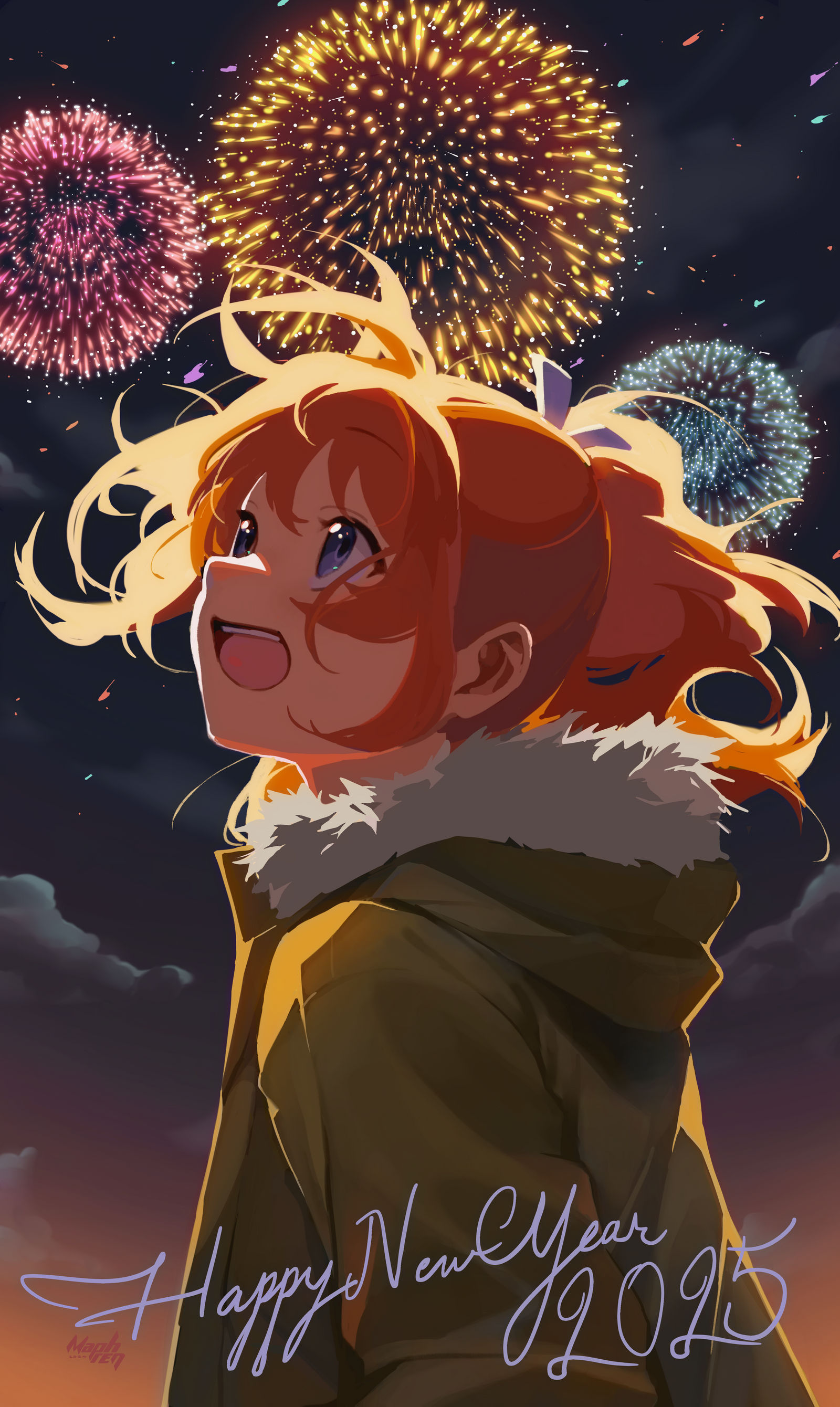natsumi koshigaya looking up at fireworks