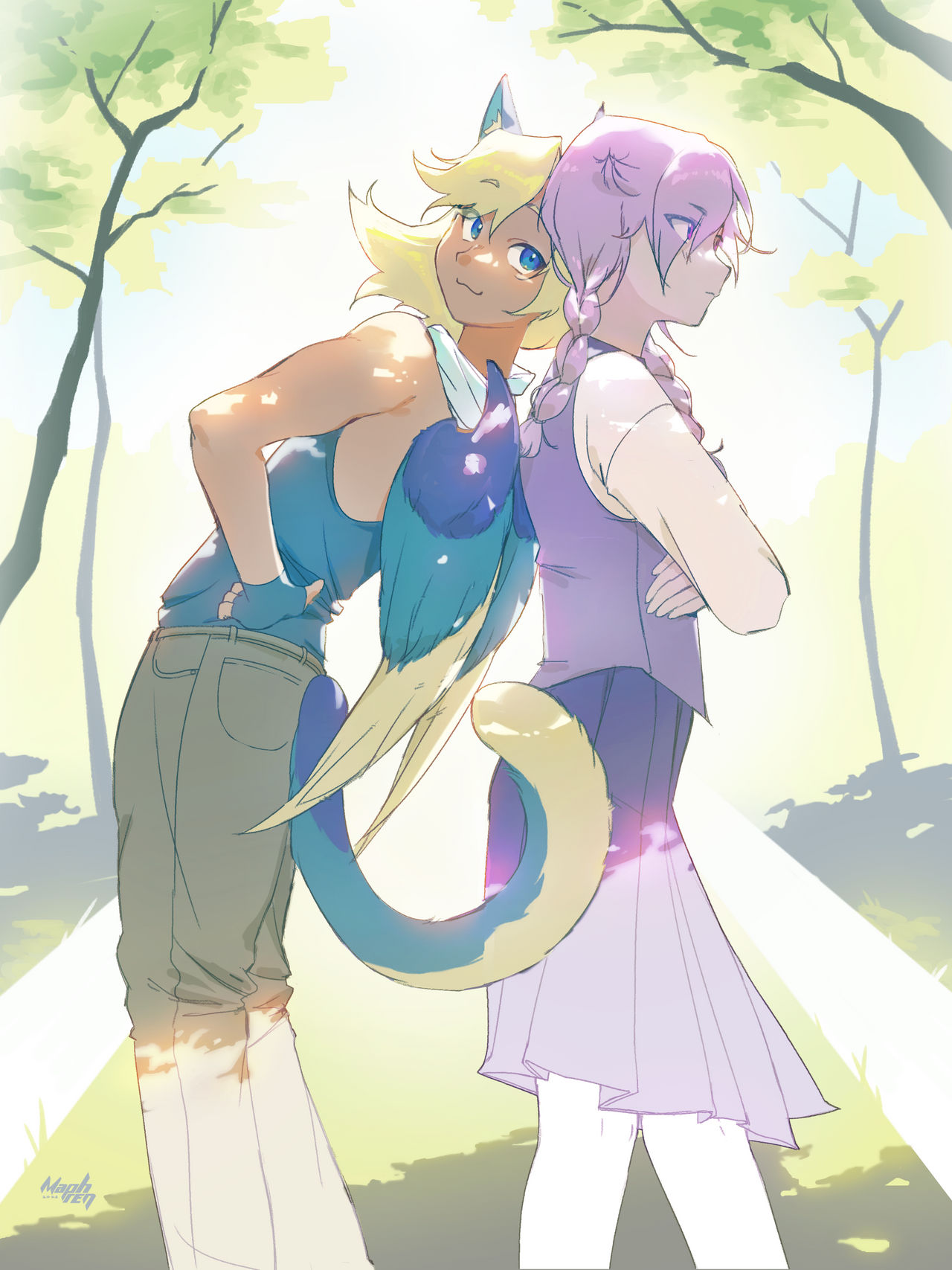 two non-human ocs, one leaning agains the other
