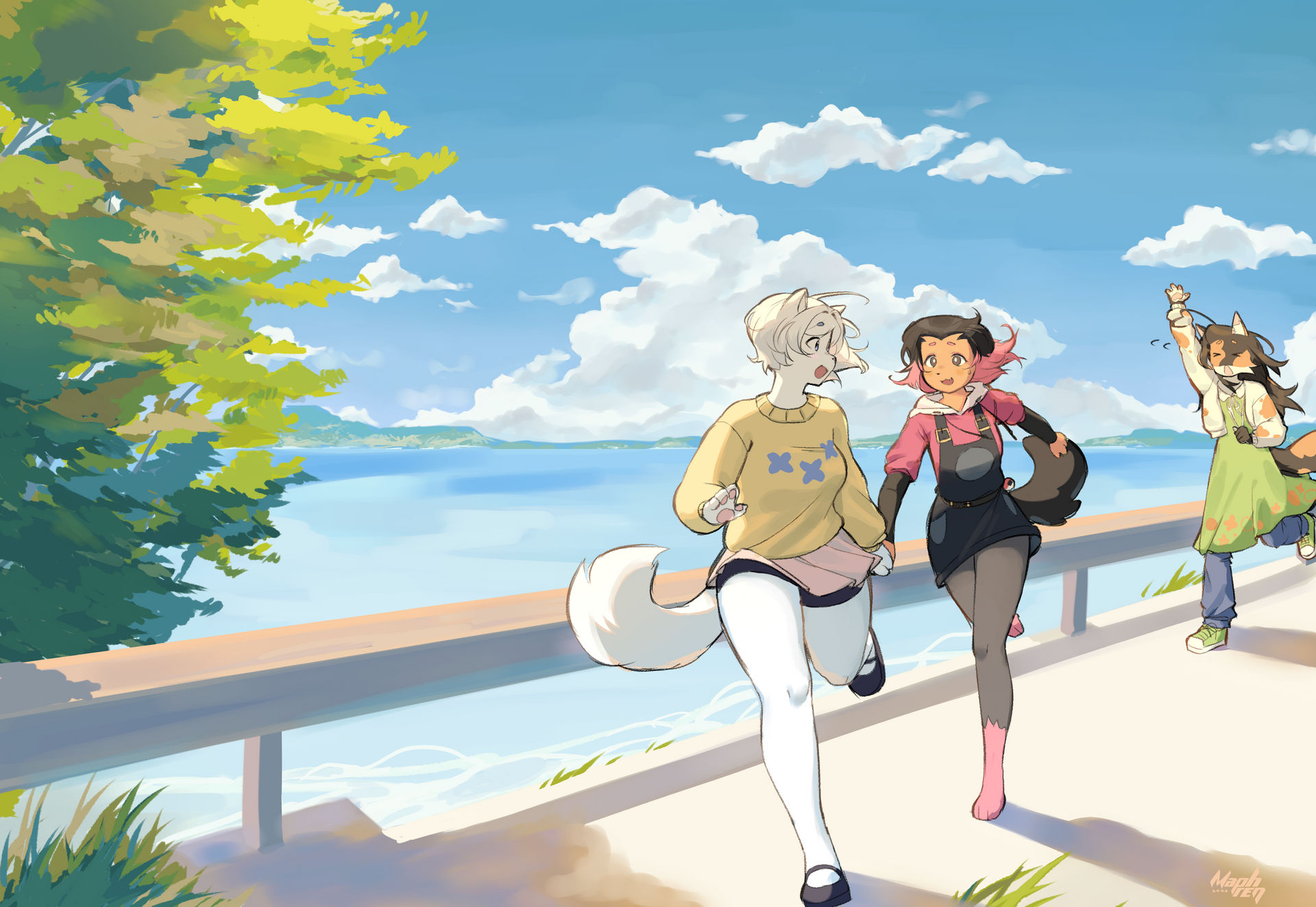 three anthro characters running in a sunny seaside scene