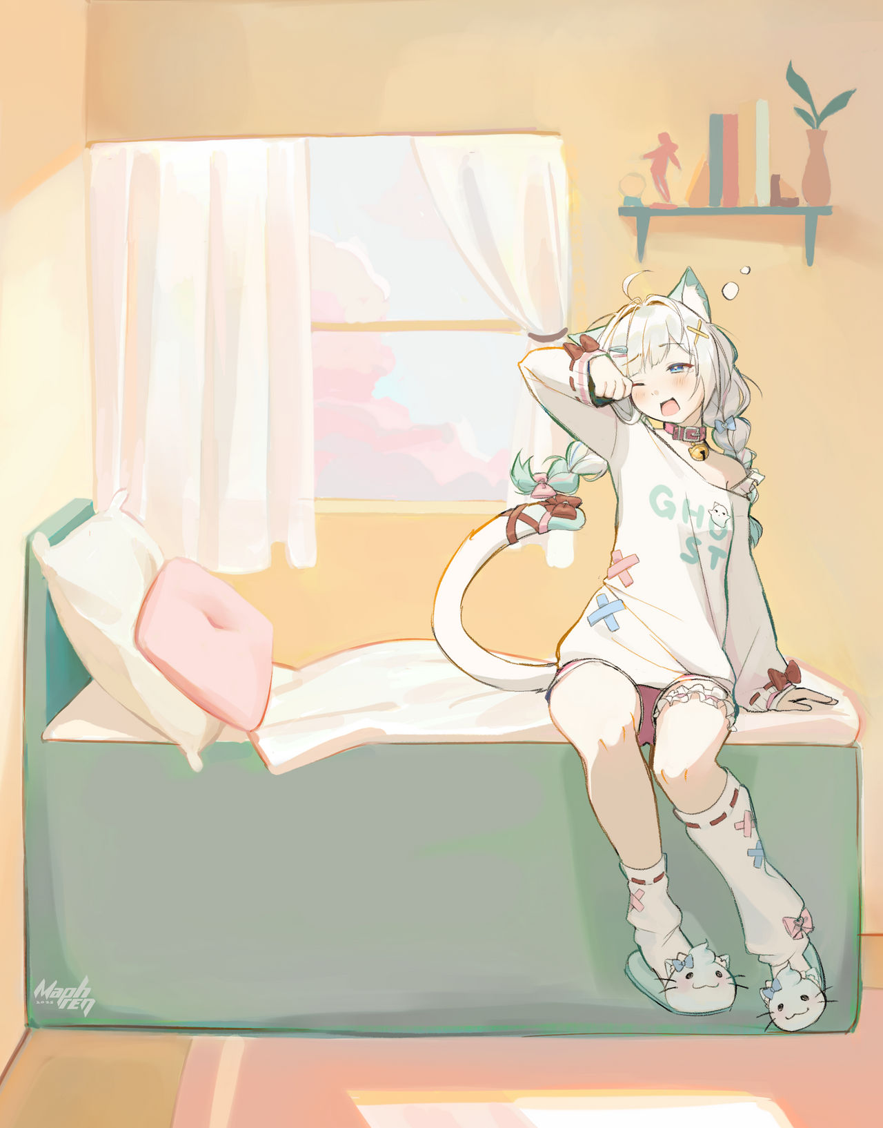 catgirl with white hair waking up in a sunny room