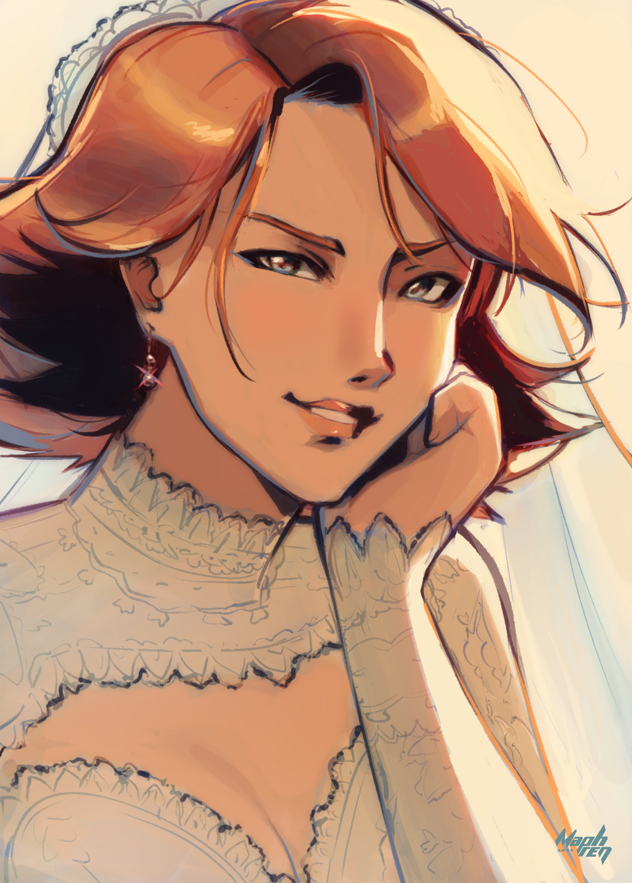 meryl from mgs wearing a wedding dress and smiling