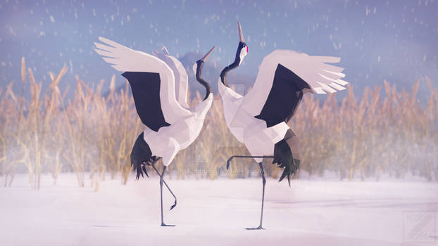 Red Crowned Cranes in Low Poly