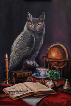 Still life with owl, oil painting