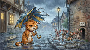 Cat under rain with mice