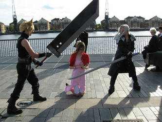 Cloud, Sephiroth and Aerith with her leg warmers