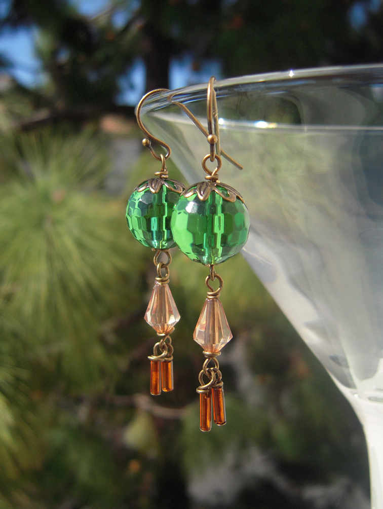 Green and amber crystal earrings