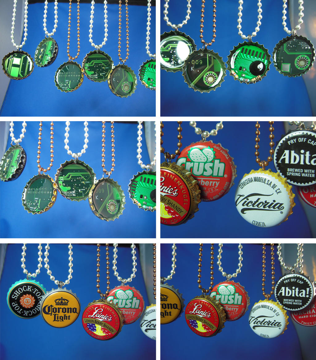 Bottle cap circuit board pendants - new batch by Llyzabeth