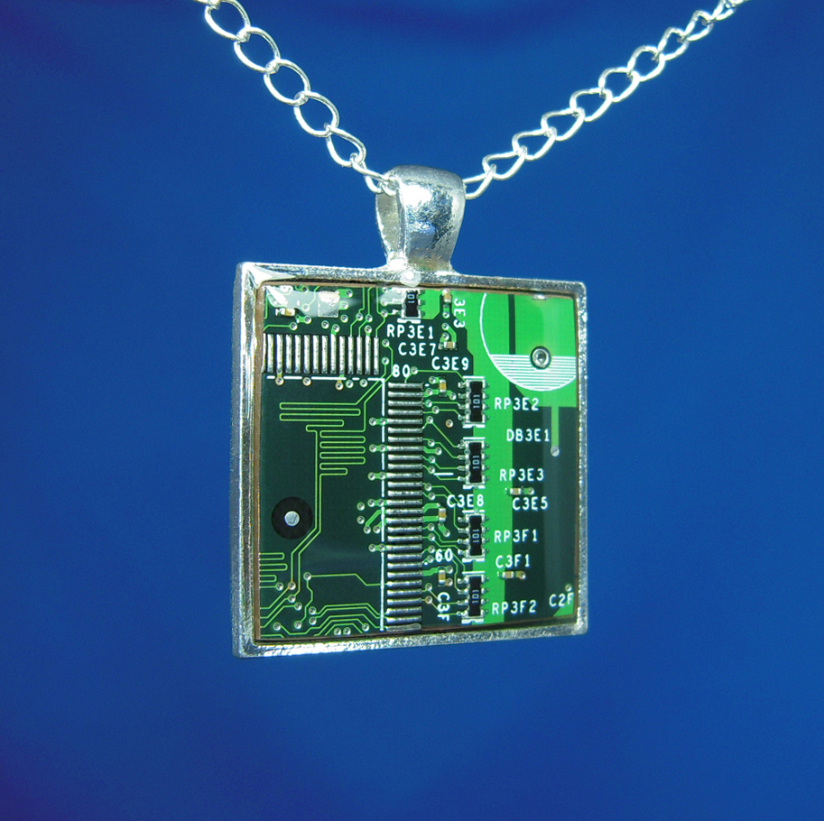 Circuit Board Pendant: Green City Sunrise by Llyzabeth