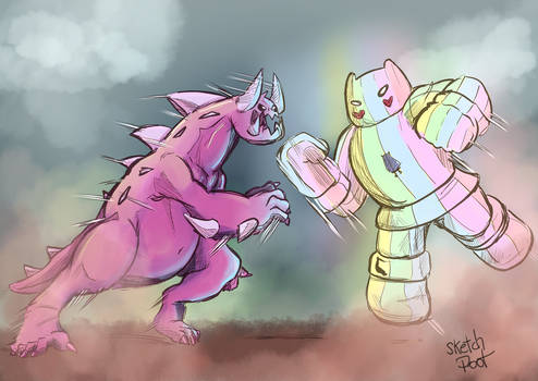 Monster Steven VS Rainbow Mech Star by Sketchpoot