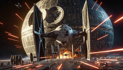 Awesome death star with tie fighter in battle