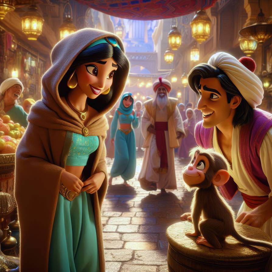 Aladdin, Jasmine: A Charming Encounter at Bazaar by Picasso-AI on ...
