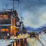 SOLD: Reflections on Snowy Street at Dusk