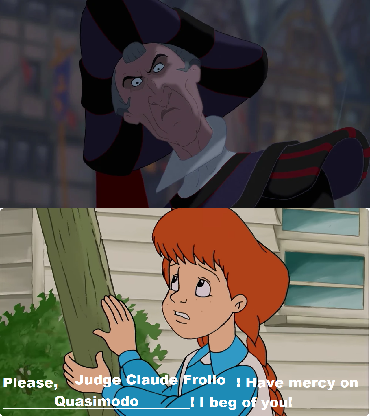 Anne begging Frollo to have mercy on Quasimodo