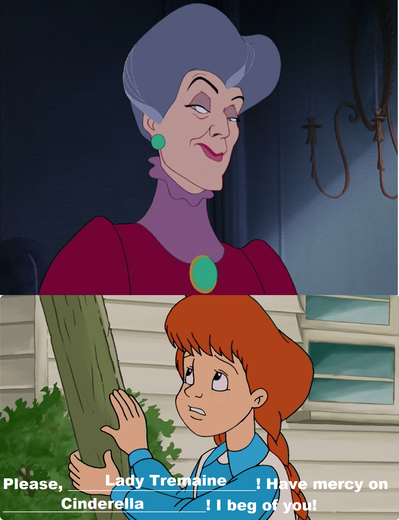 Anne begging Tremaine to have mercy on Cinderella