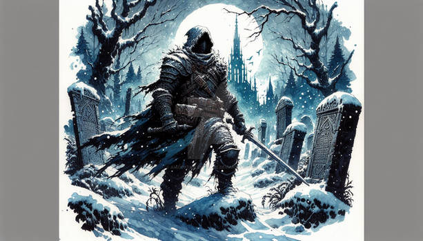 Hooded ranger in snowy forest and cemetery