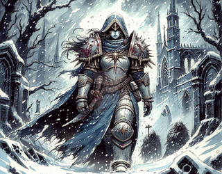 Paladin in snowy wilderness with temple