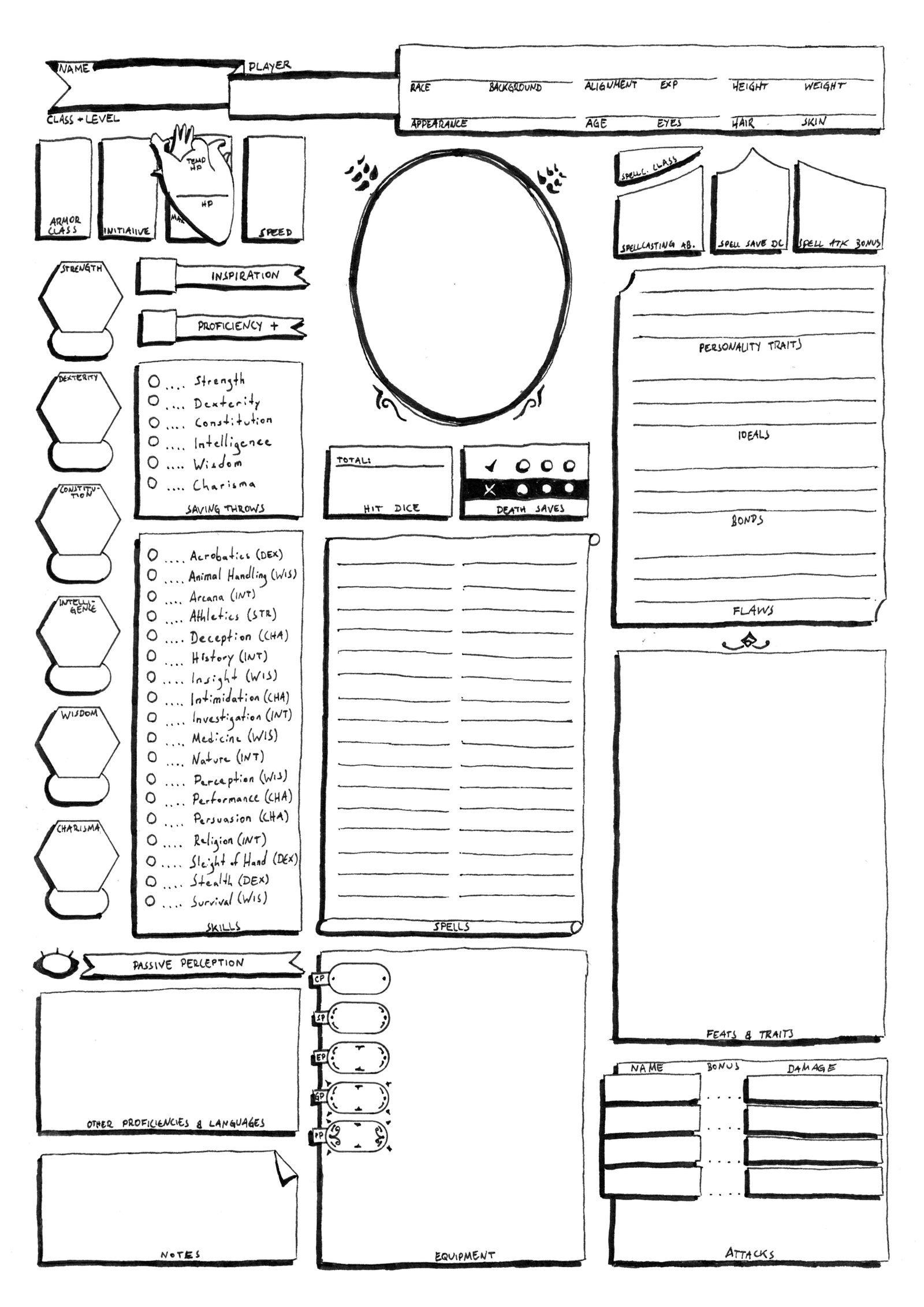 Dnd 5e Custom Handdrawn All In One Character Sheet By Snowbirdart On Deviantart