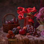 Poppies, Red Valerian and fruit still life