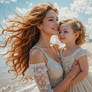 Mother and daughter by the sea