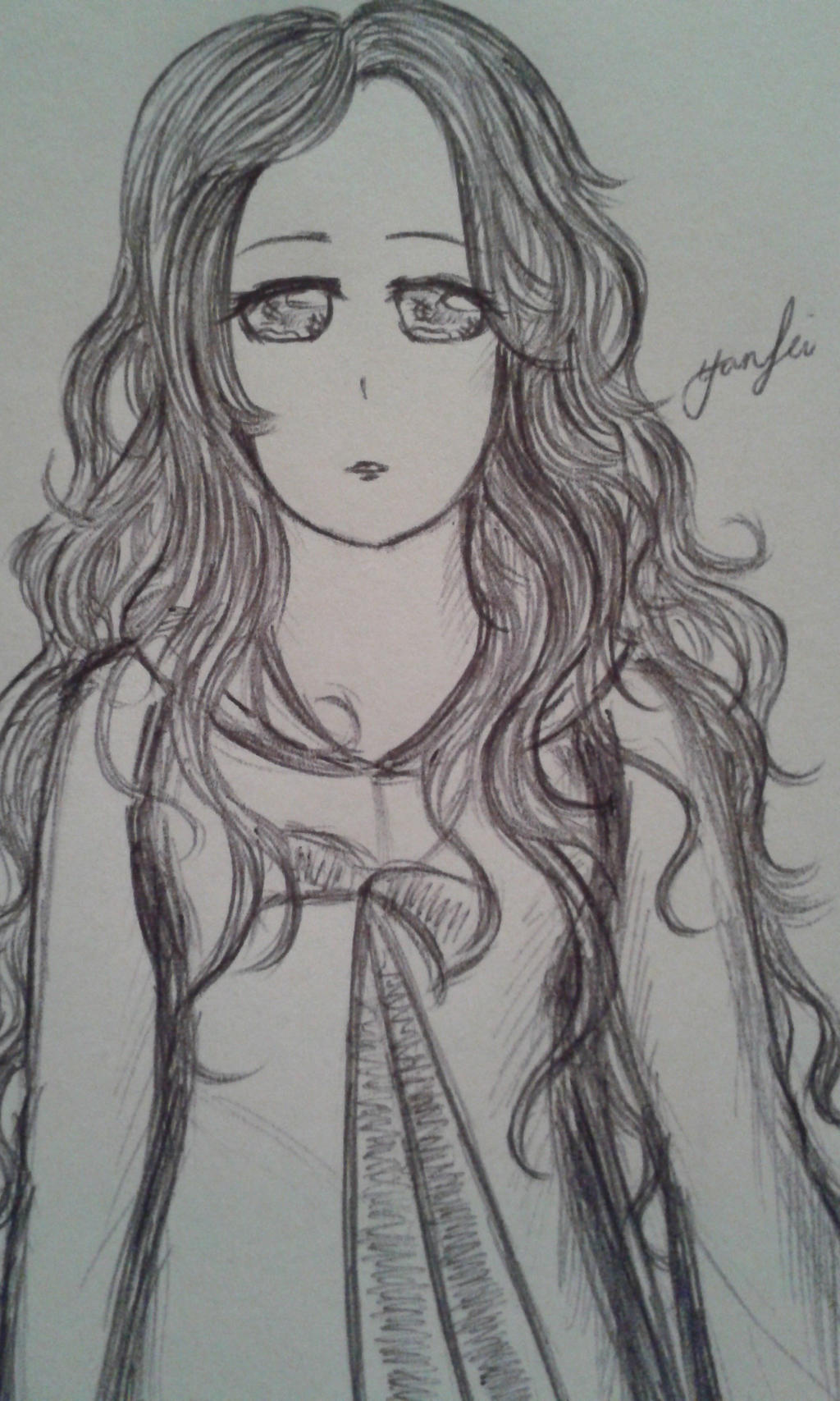 pencil sketch of an anime girl with a curly hair