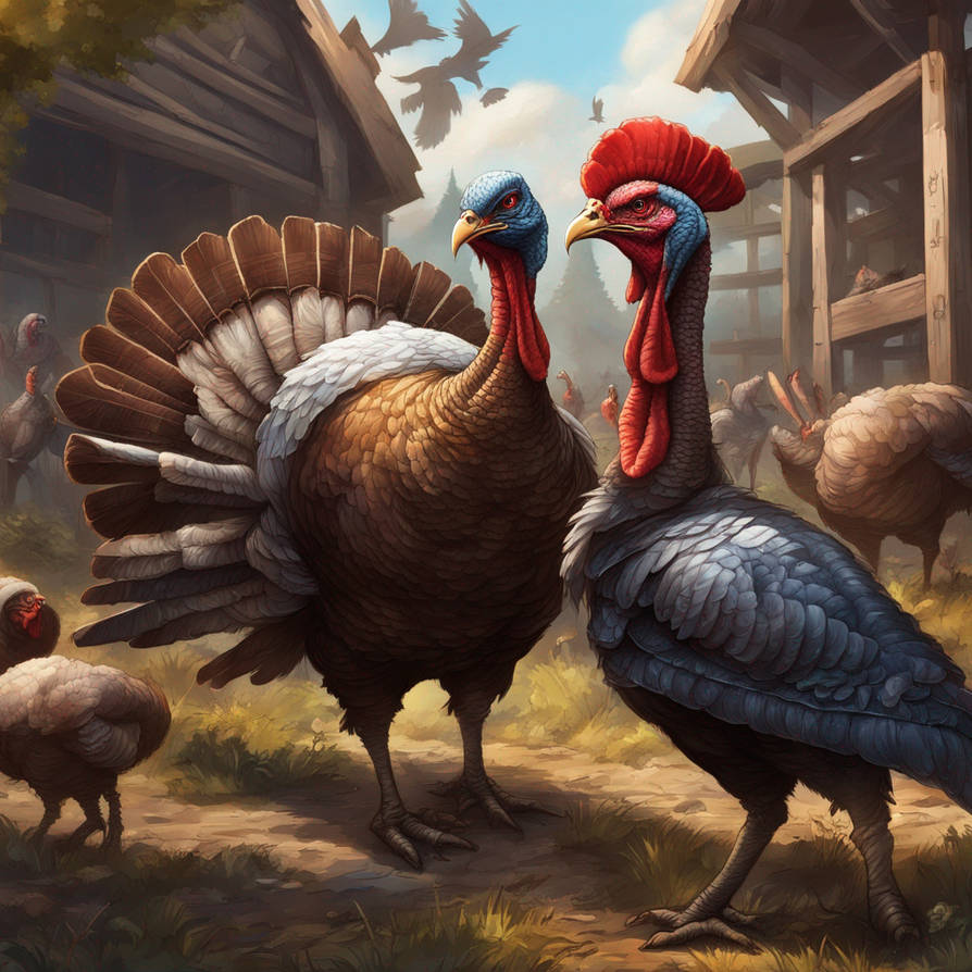 Two Turkeys Arguing Turkeys As Warriors Fighting Farmers In Warehouse by narnold1961 on ...