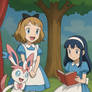 serena, dawn, and sylveon on stage