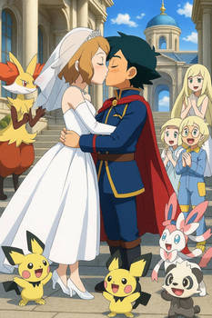 everyone is cheering at ash and serena's wedding