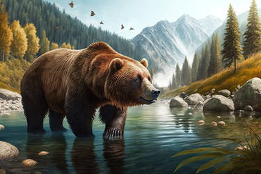 Fishing Brown Bear in Majestic Mountain Landscape.