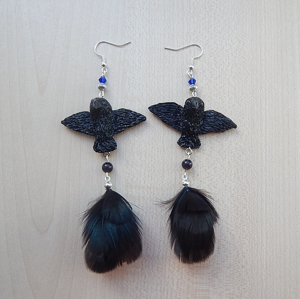 Handcrafted black crow earrings