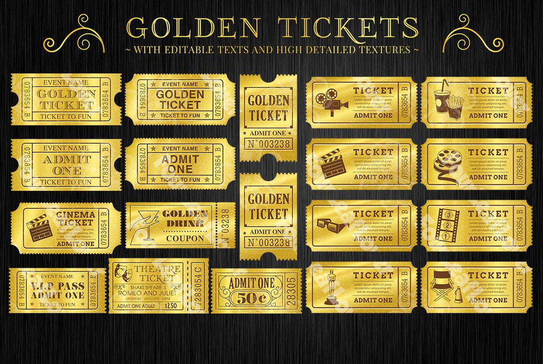 Сколько золотых билетов. Золотой билет. Золотой билет на фабрику. Золотой билет макет. Изображение : золотой билет.