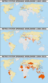 Metro system openings worldwide (1863-2023)